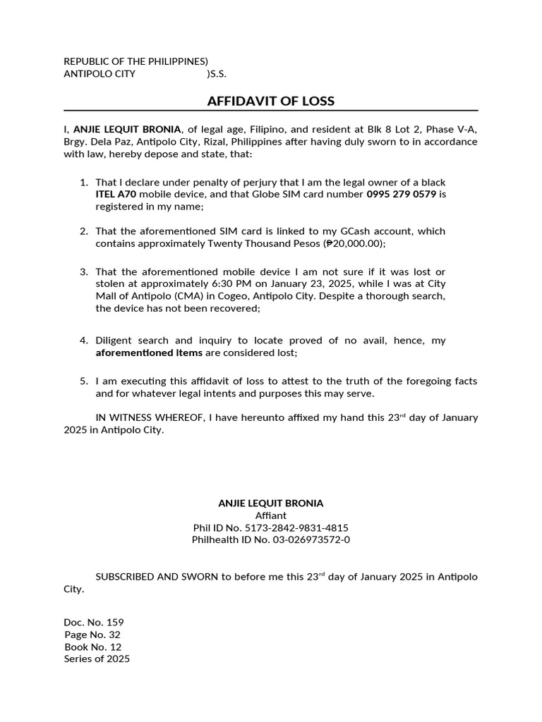 Affidavit of Loss for Mobile Device | PDF