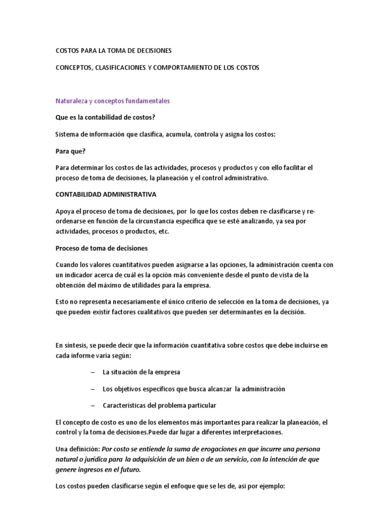 Costos en la Toma de Decisiones Empresariales | PDF | Toma de ...