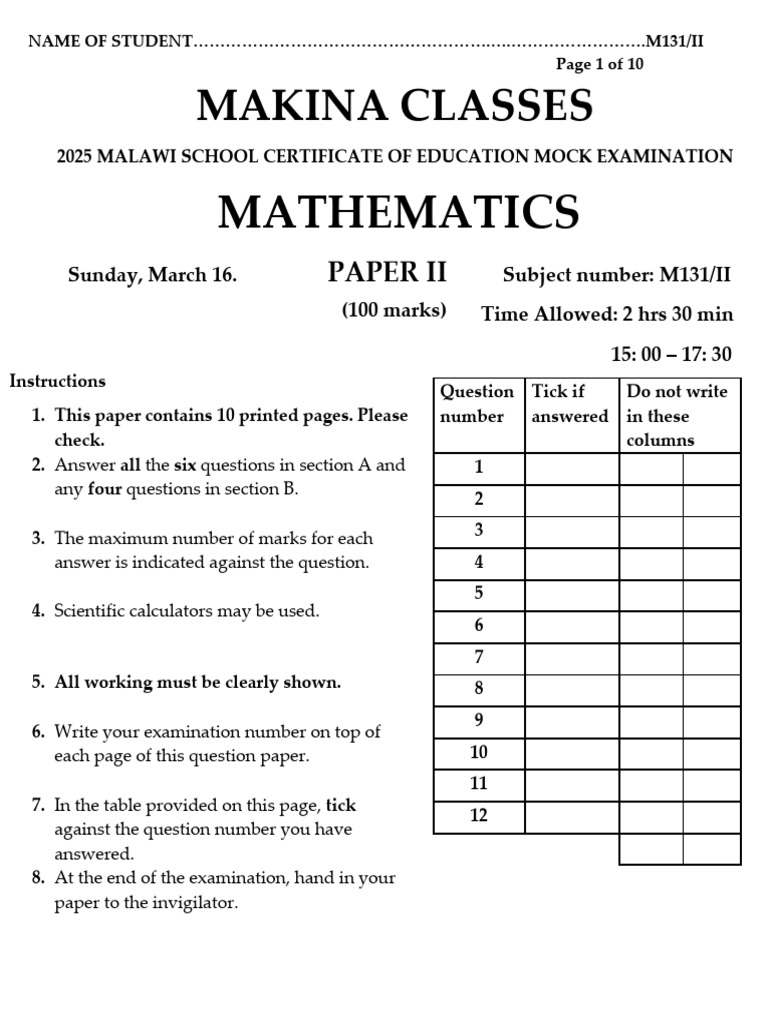 2025 Malawi MSCE Mathematics Mock Exam | PDF | Cartesian Coordinate ...
