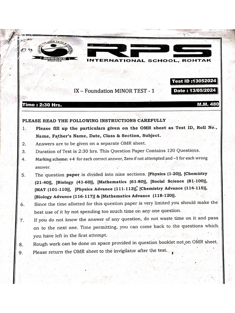9th Found Minor Test 1 To 8 and Major Test 1, 2 rps-2 | PDF