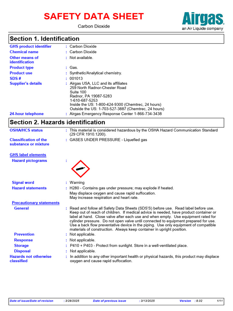 Carbon Dioxide Safety Data Sheet | PDF | Waste Management | Dangerous Goods