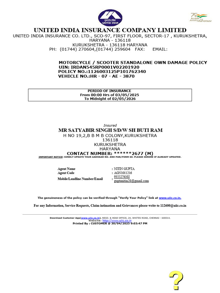 Motorcycle Standalone Damage Policy | PDF | Insurance
