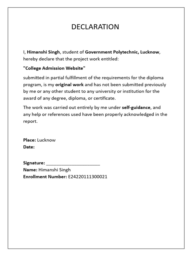 Declaration: Himanshi Singh Government Polytechnic, Lucknow | PDF