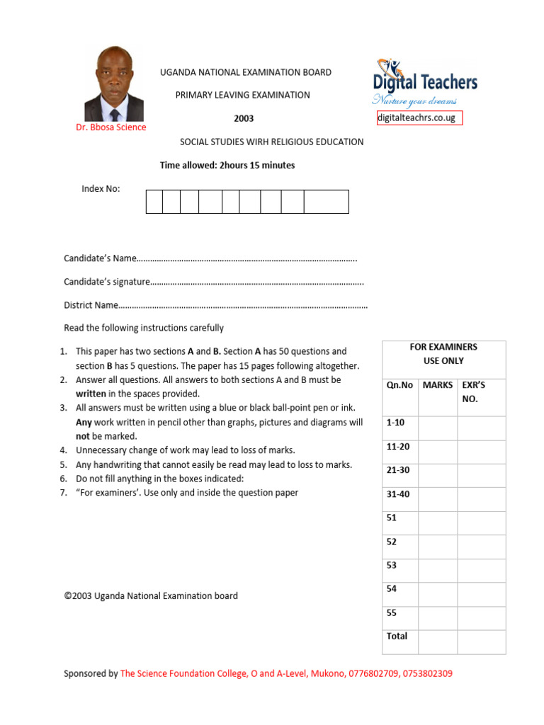 p7 SST 2003 Ple Questions and Answers Uneb Past Paper | PDF | Prophets ...