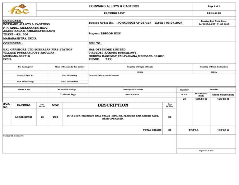 Packing List for Ball Valves Shipment | PDF