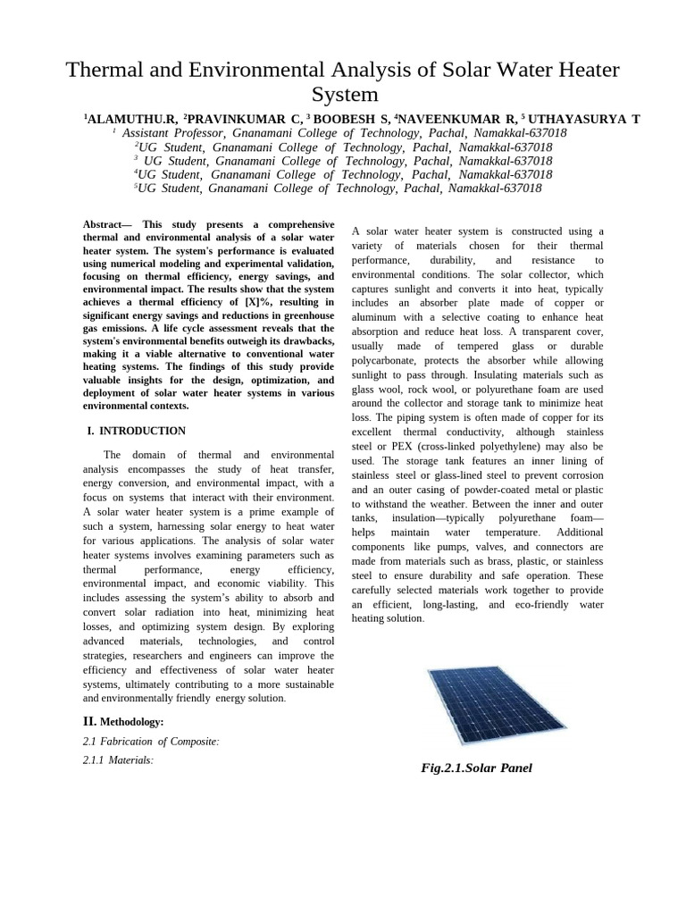 Thermal and Environmental Analysis of Solar Water Heater System 08.05. ...