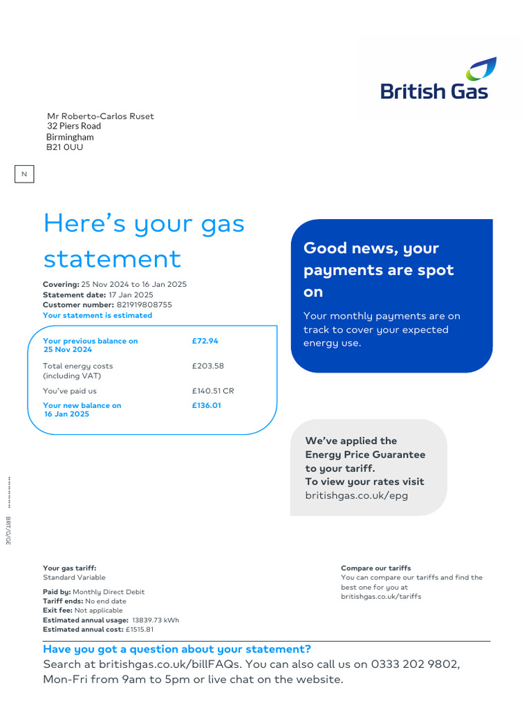 Gas Statement Summary and Tariff Info | PDF | Economies | Payments