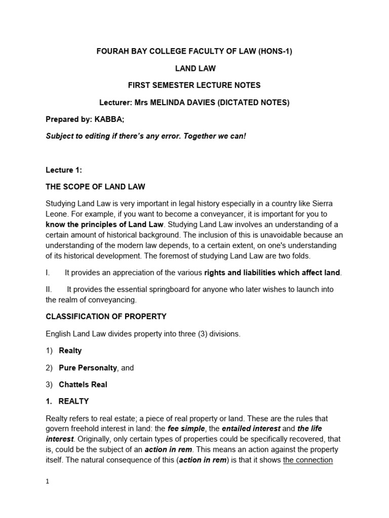 Land Law Lecture Notes Overview | PDF | Concurrent Estate | Leasehold ...
