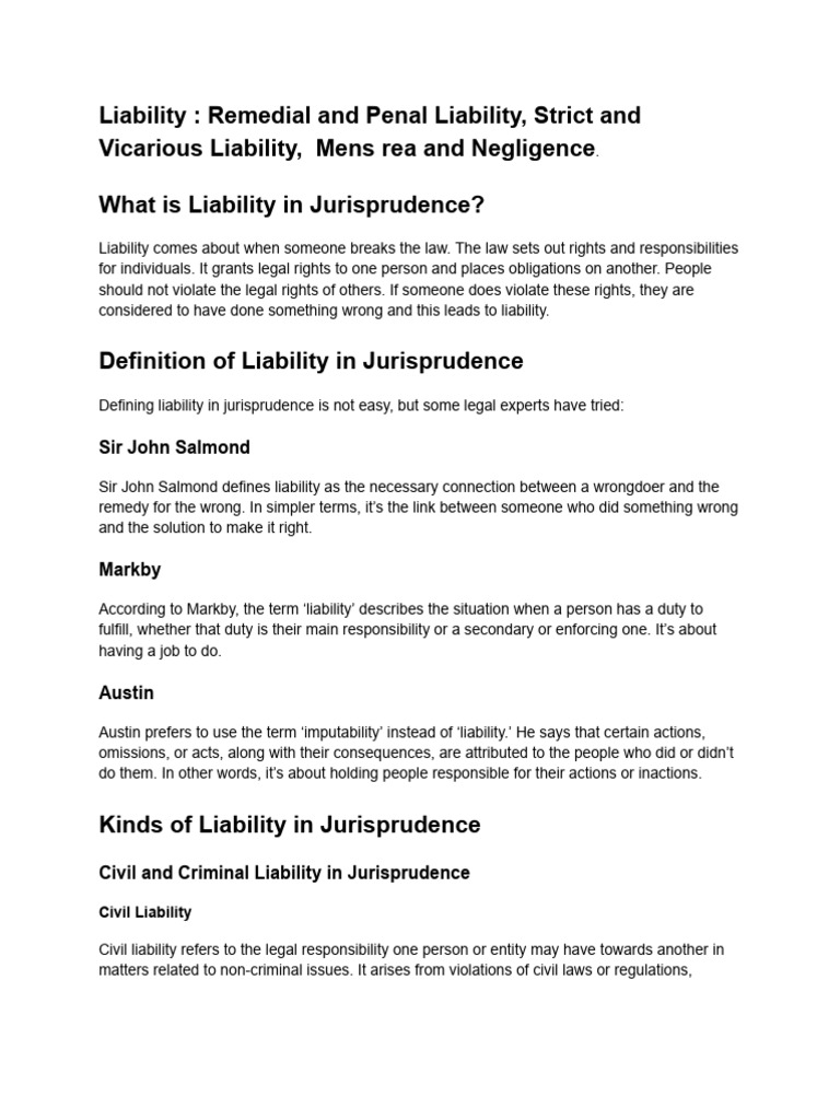 Liability - Remedial and Penal Liability, Strict and Vicarious ...