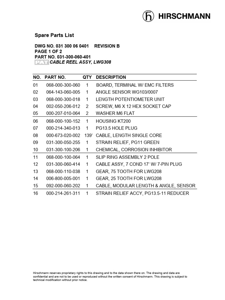 LWG308 Cable Reel Assembly Parts List | PDF