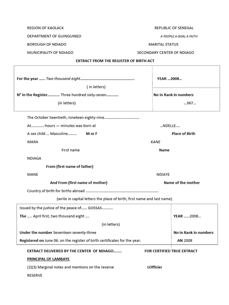 Birth Certificate Extract for NDIAGA | PDF