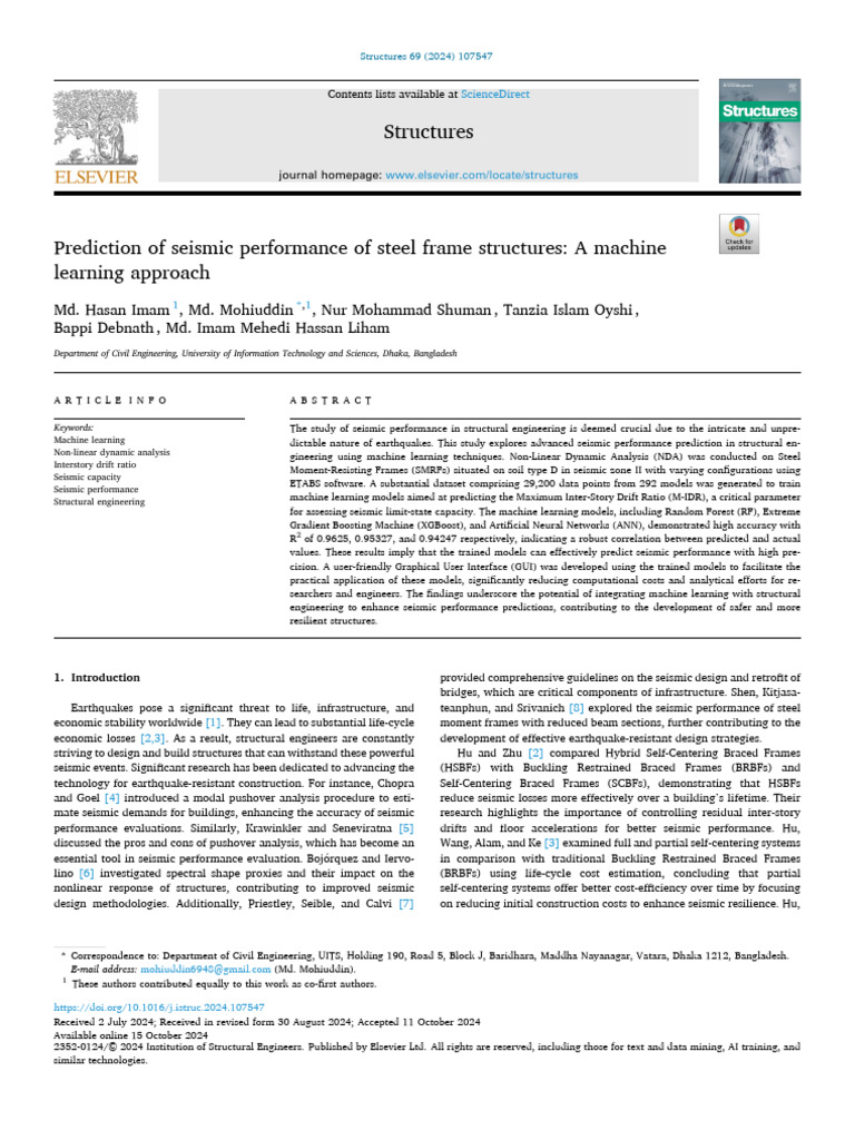 Prediction of Seismic Performance of Steel Frame Structures A 2024 ...