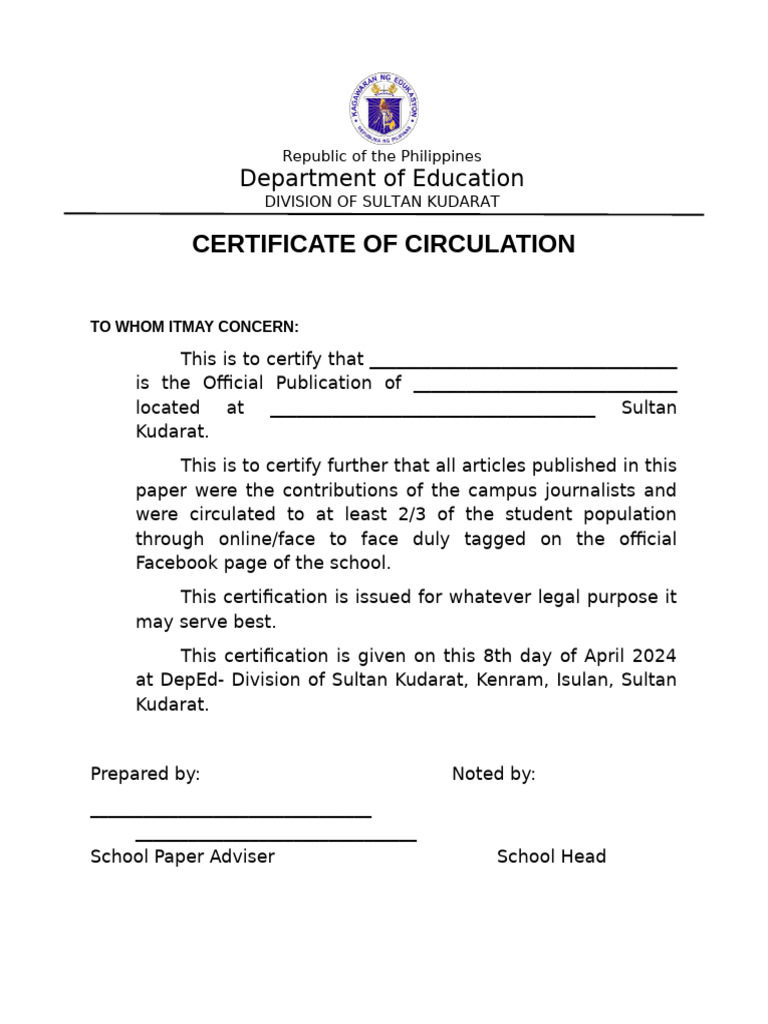 Certificate of Circulation for School Publication | PDF