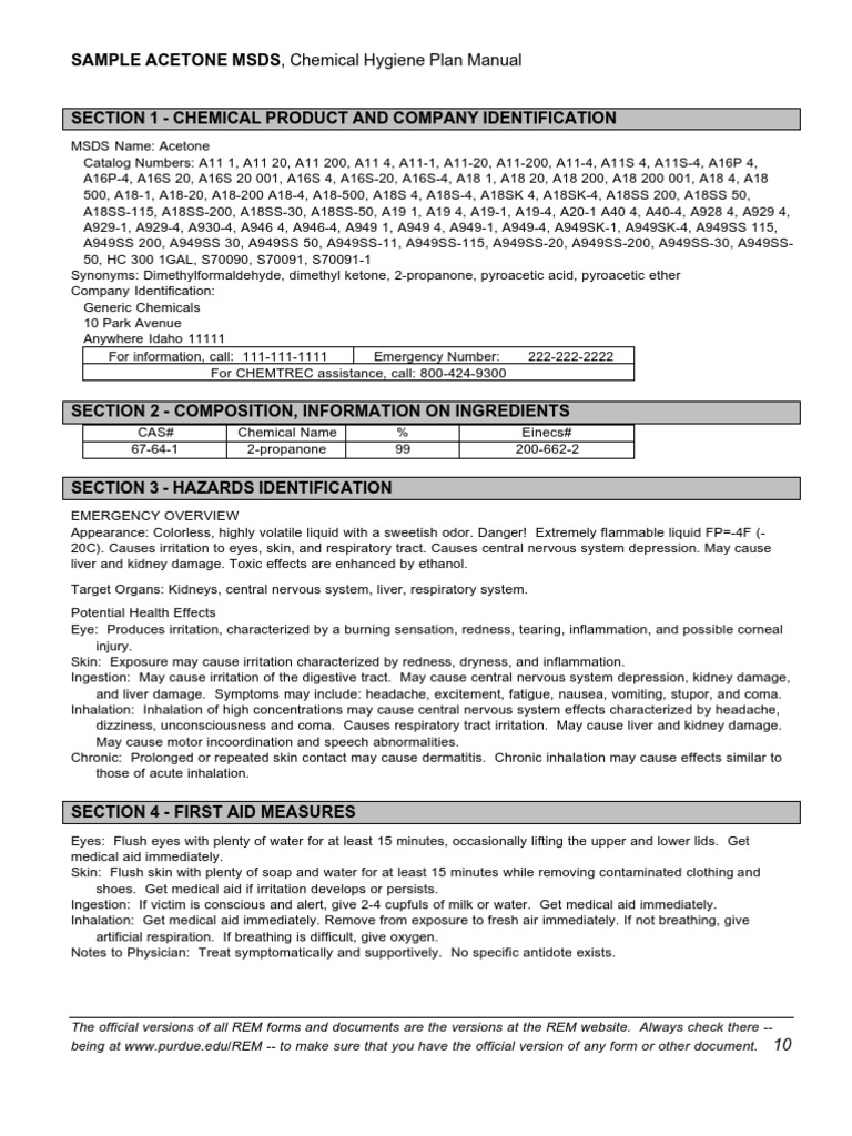 Msds Acetone Dangerous Goods Personal Protective Equipment