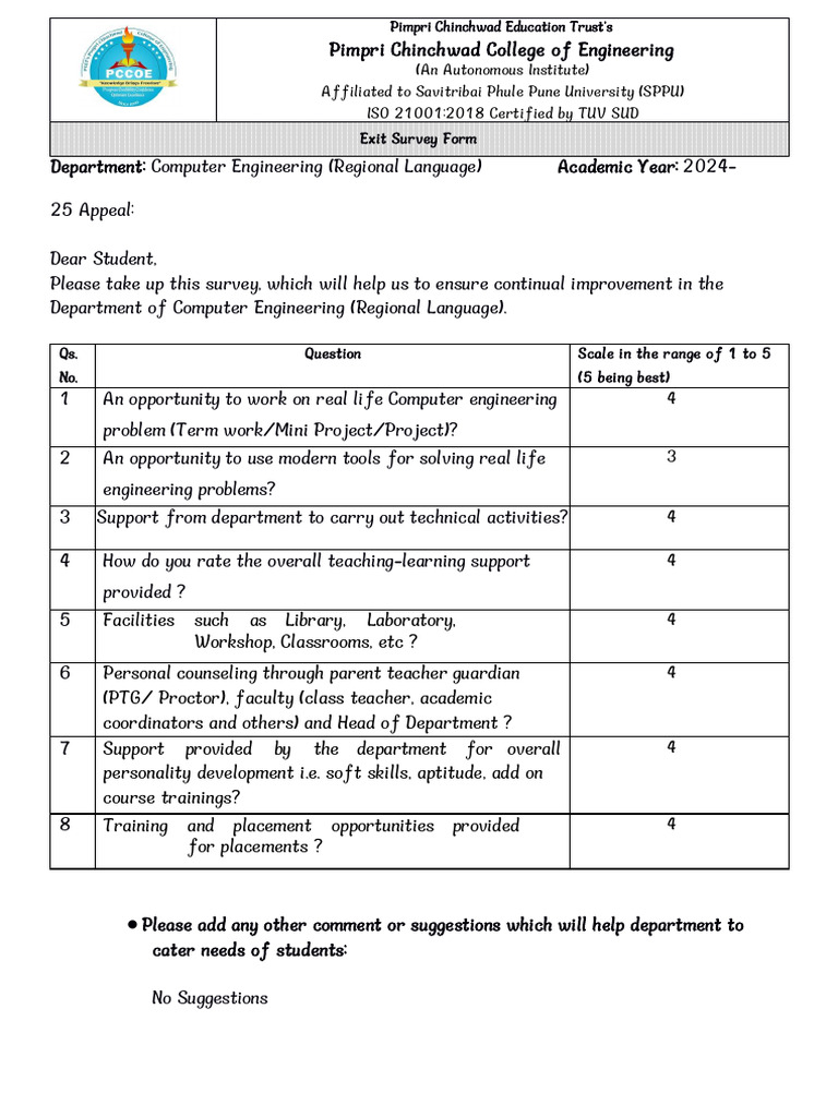 PC College of Engineering Exit Survey 2024 | PDF