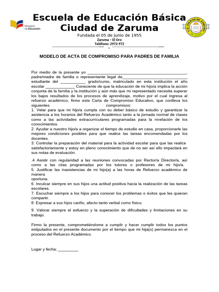 Acta de Compromiso para Los Padres de Familia | PDF | Educación ...