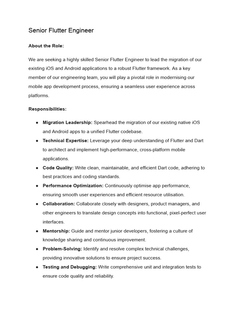 Senior Flutter Engineer Job Opening | PDF | Android (Operating System ...