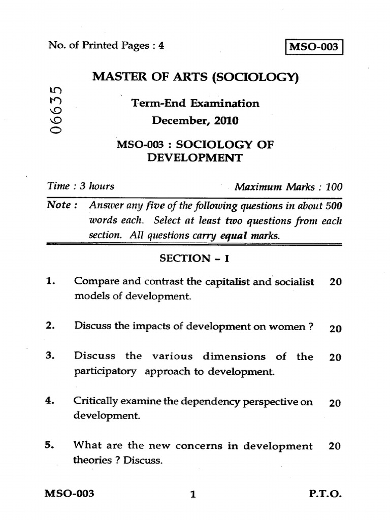 Sociology of Development Exam Questions | PDF | Sociology | Economies