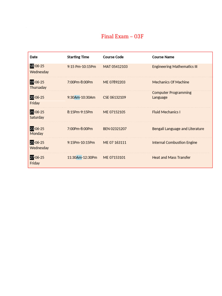 Final Exam Schedule for Engineering Courses | PDF