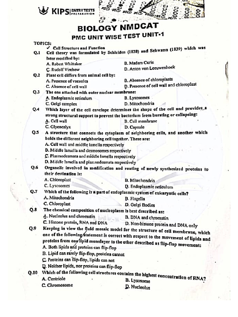 Cell Structure, Test+practice Mcqs - Notesbynabeeha | PDF
