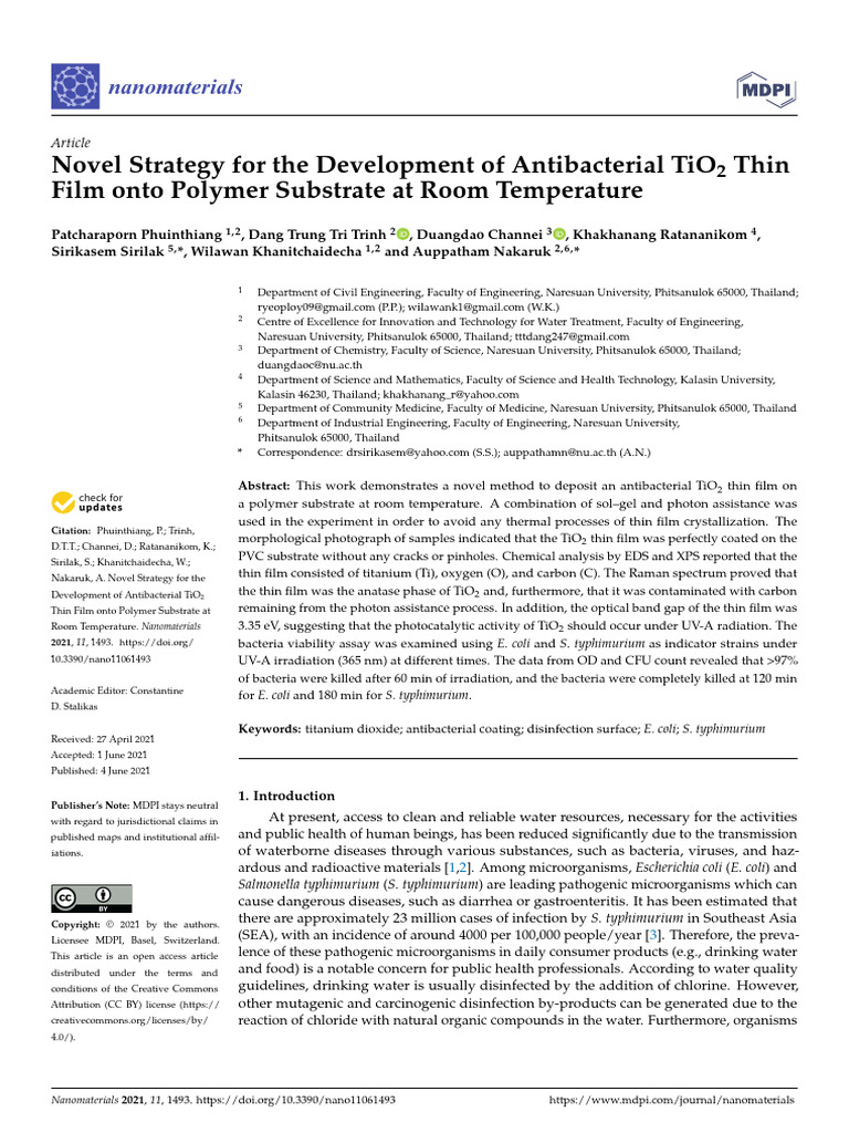 Antibacterial TiO2 Thin Film on Polymer | PDF | Cell Membrane ...