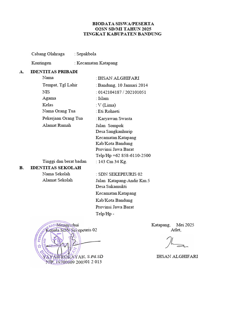 Biodata Atlet O2SN Sepakbola 2025 | PDF