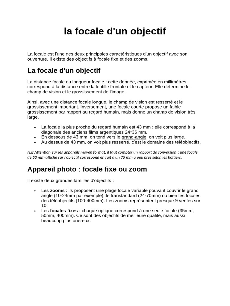 Comprendre la focale d'un objectif | PDF