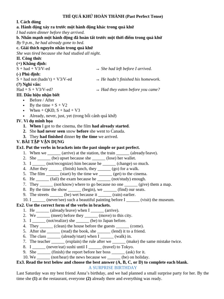 Past Perfect Tense Overview and Exercises | PDF