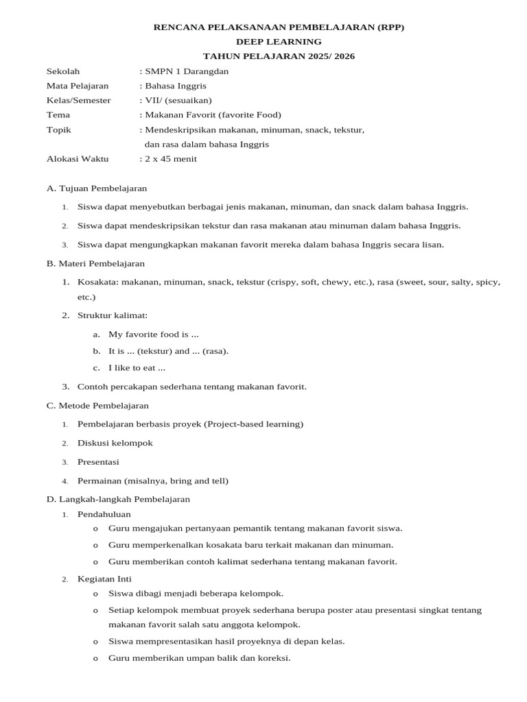 RPP Deep Learning Bahasa Inggris Kelas 7 | PDF