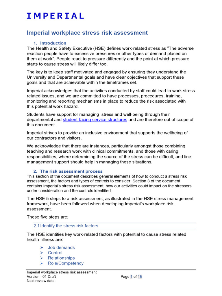 Imperial Stress Risk Assessment Guide | PDF | Occupational Stress ...