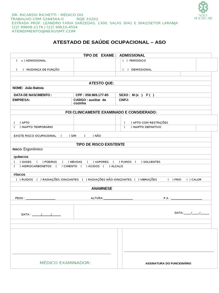 Atestado de Saúde Ocupacional - ASO | PDF