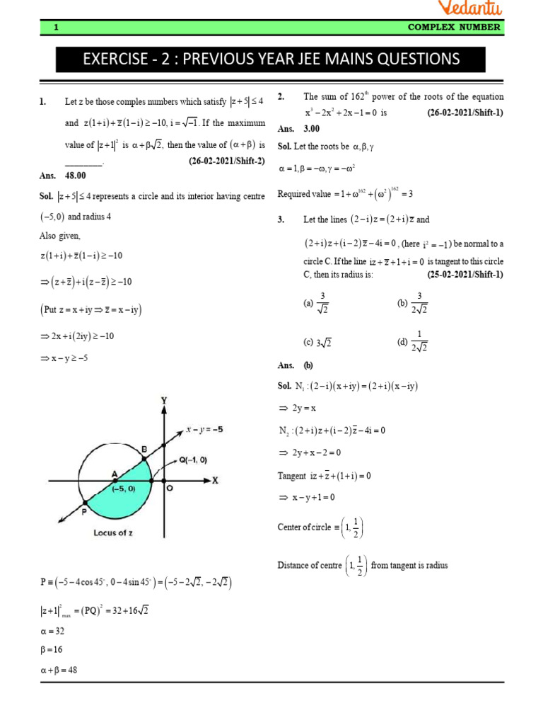 Exercise - 2: Previous Year Jee Mains Questions: z5 4 X 2x 2x 1 0 | PDF ...