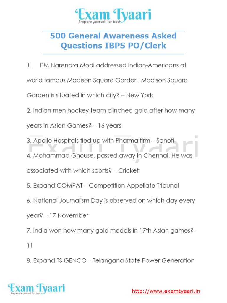 500 General Awareness Questions for IBPS | PDF