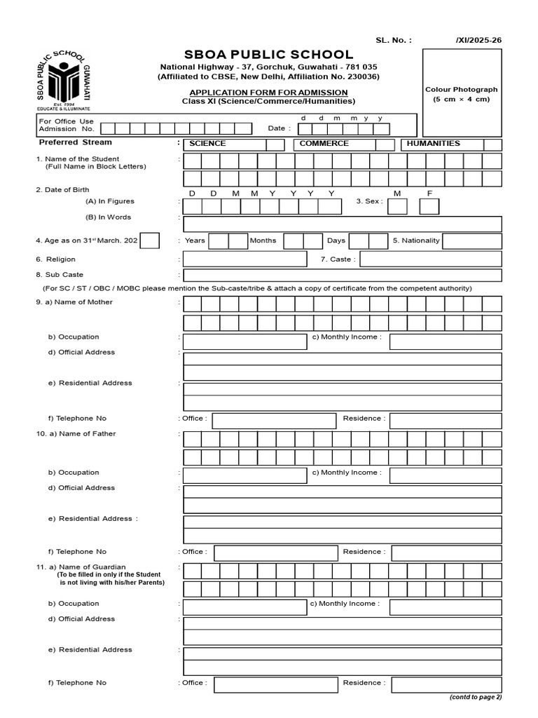 SBOA School XI Admission 2025-26 Form | PDF