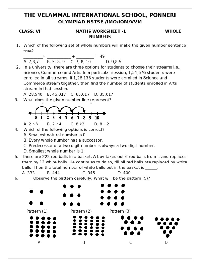 Class VI Maths Worksheet on Whole Numbers | PDF | Rupee | Length