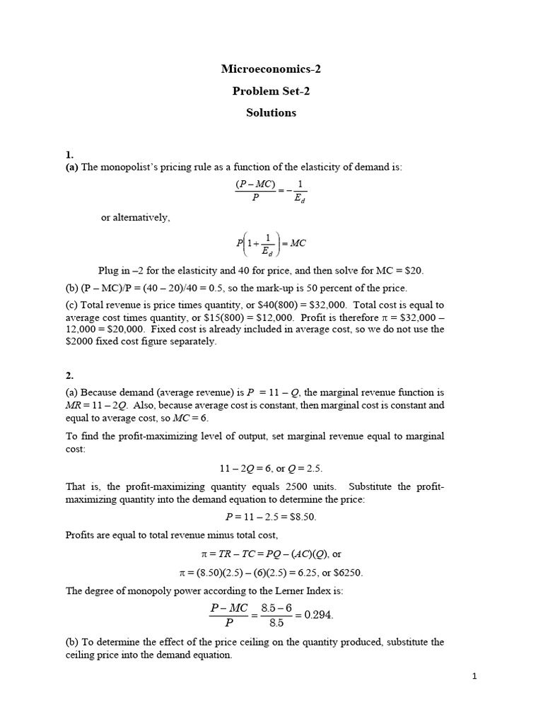 Microeconomics Problem Set Solutions | PDF | Demand | Monopoly