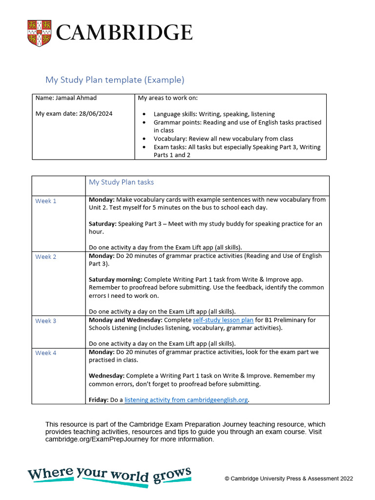 My Study Plan Example Helping Learners Write Their Own Study Plan 2 | PDF