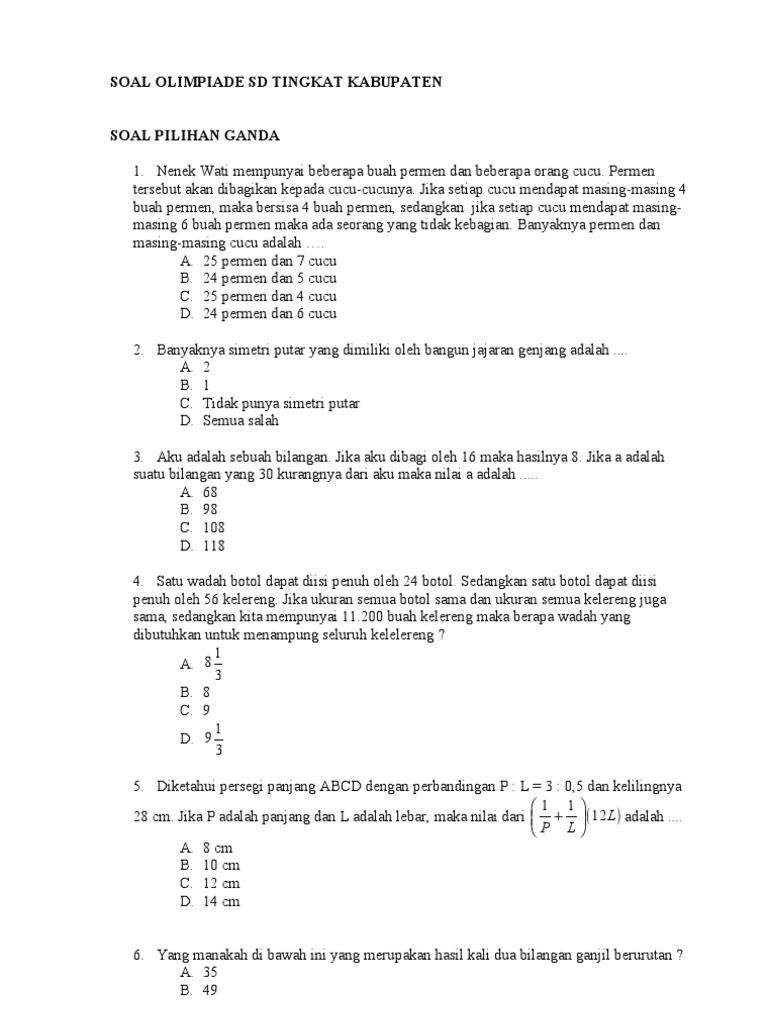 Soal Olimpiade Sd Tingkat Kabupaten