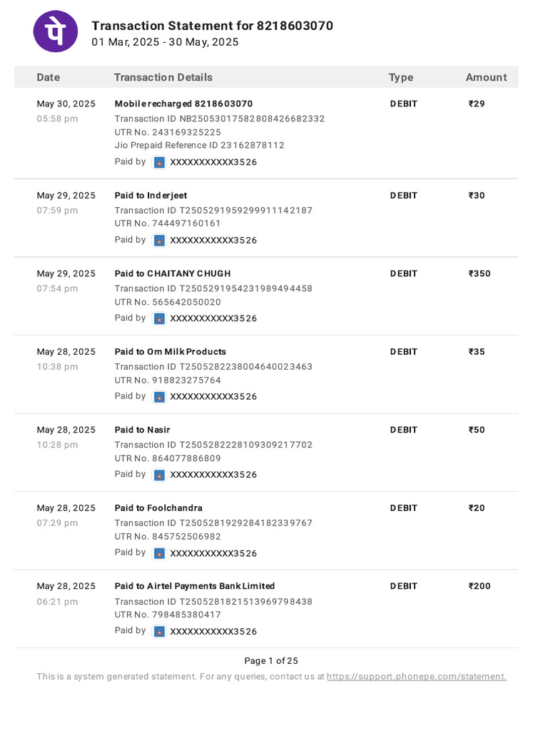 Transaction Statement for 8218603070 | PDF | Debit Card | Payments
