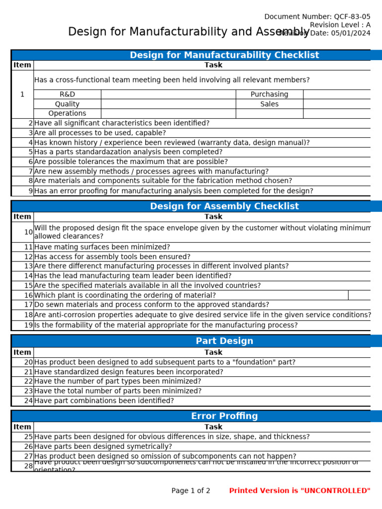 QCF-83-05 Design For Manufacturability and Assembly Checklist | PDF
