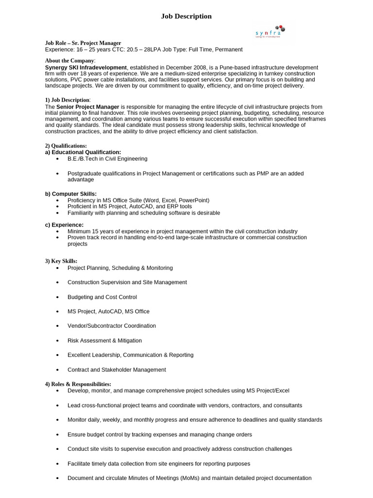 Senior Project Manager Job Opening | PDF | Project Management | Project ...