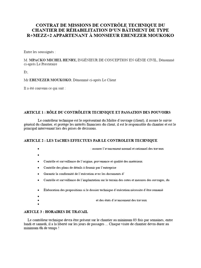 Contrat de Contrôle Technique de Chantier | PDF