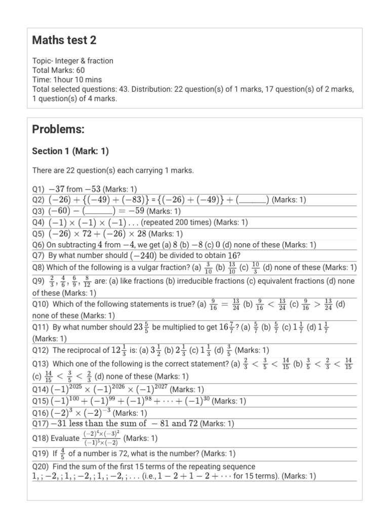 Maths Test 2: Integers & Fractions | PDF | Numbers | Number Theory