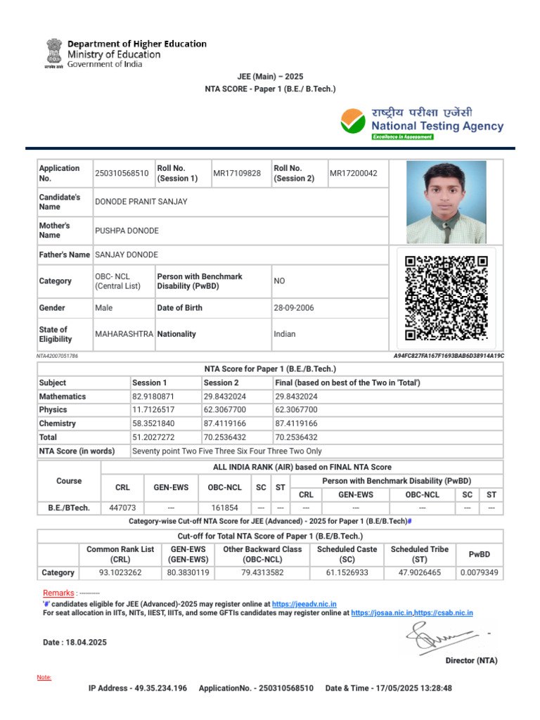 OBC Candidates in JEE Mains 2025 | PDF | Qualifications | Student ...