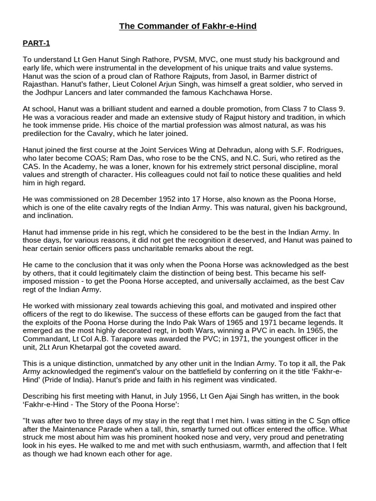 Legacy of Lt Gen Hanut Singh Rathore | PDF | Military Organization ...