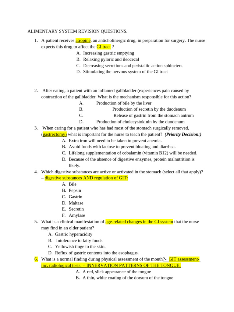 Alimentary System Revision Questions | PDF | Stomach | Human Digestive ...