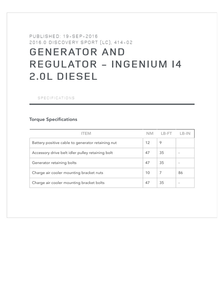 Generator and Regulator - Ingenium I4 2.0l Diesel Specifications | PDF