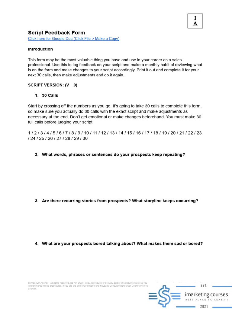 Script Feedback Form for Sales Calls | PDF | Copyright Infringement | Chess