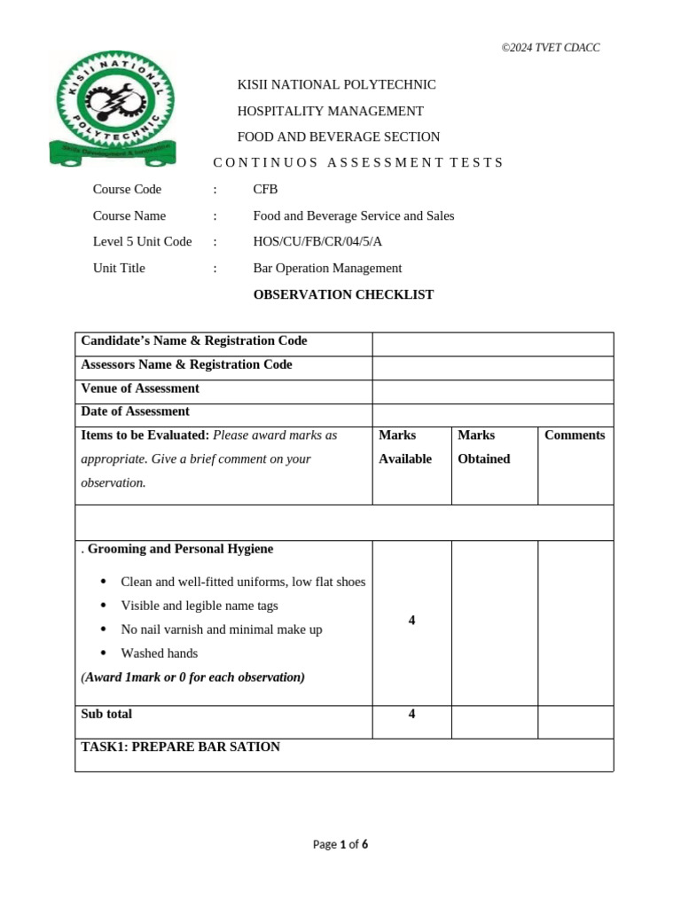 Bar Operation Management Assessment Guide | PDF | Drink