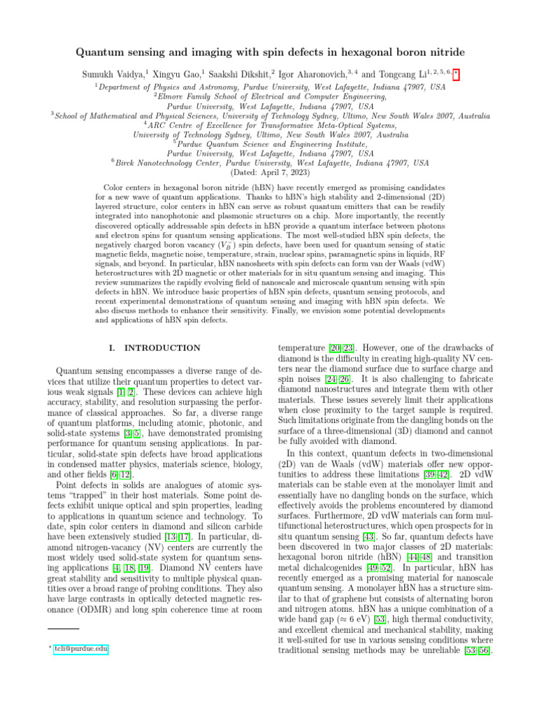 Quantum Sensing with hBN Spin Defects | PDF | Spin (Physics) | Electron